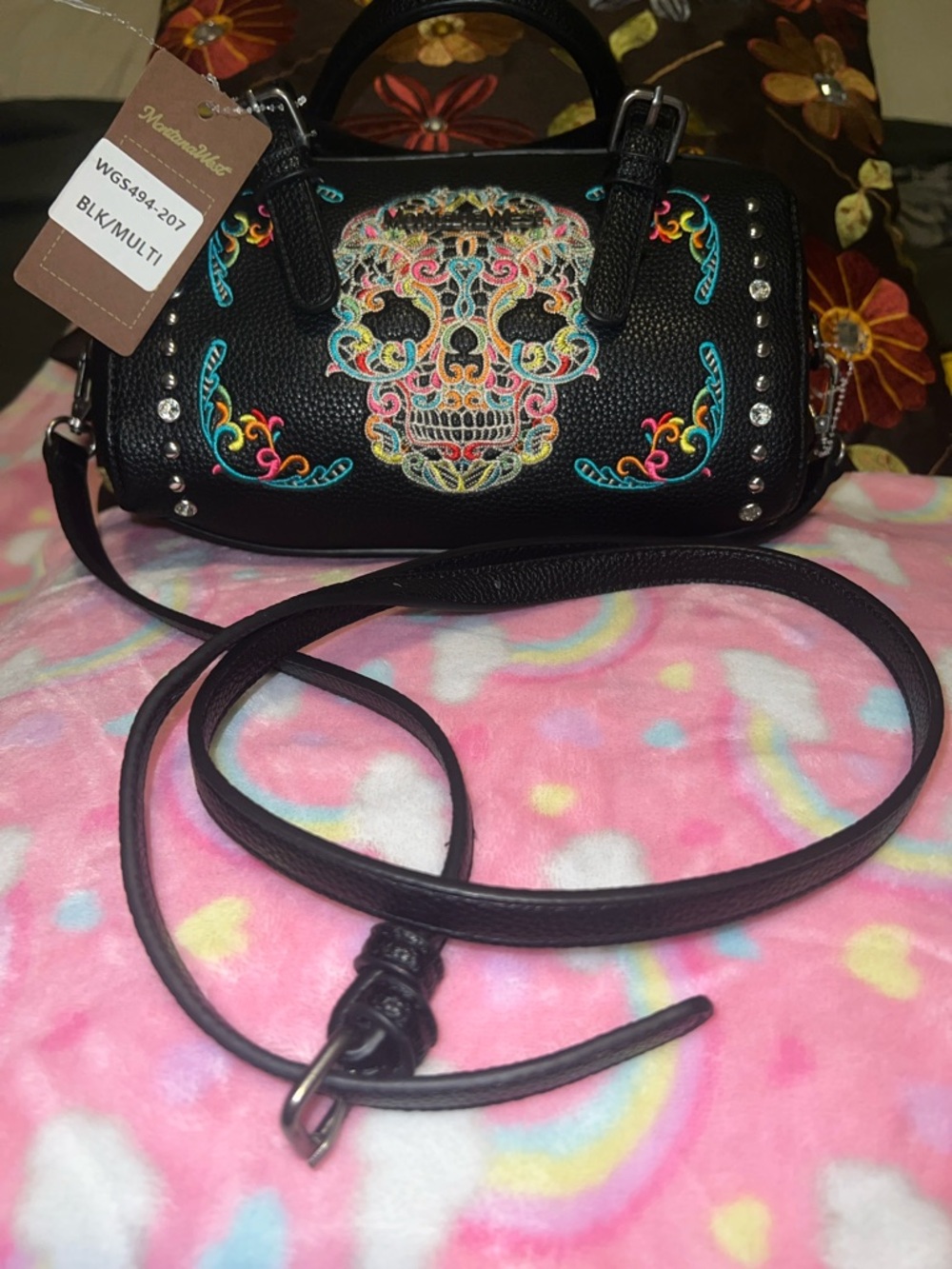 Embroidered Sugar Skull Black Barrel Bag with Detachable Strap